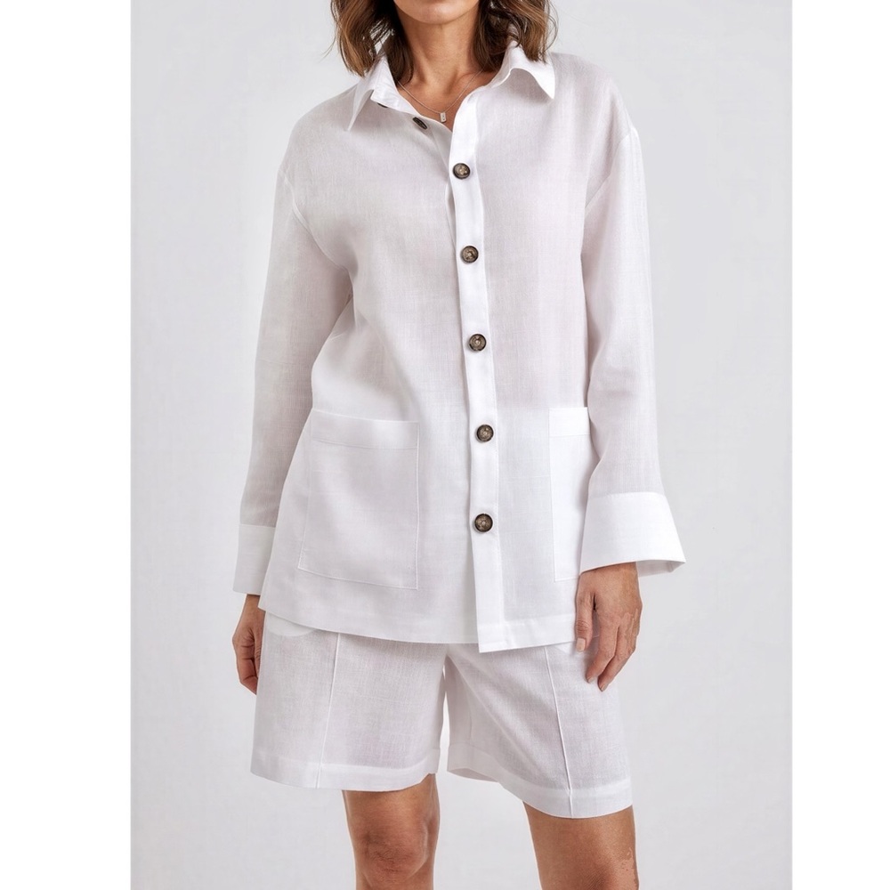 SLEEPER Linen Pajama Set With Shorts, White, XS/S - Picture 2 of 14